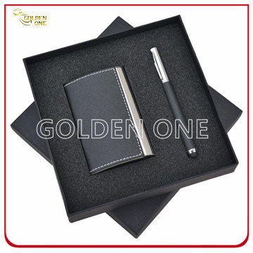 Werbegeschenk Kartenetui aus Leder und Click-Pen-Geschenkset