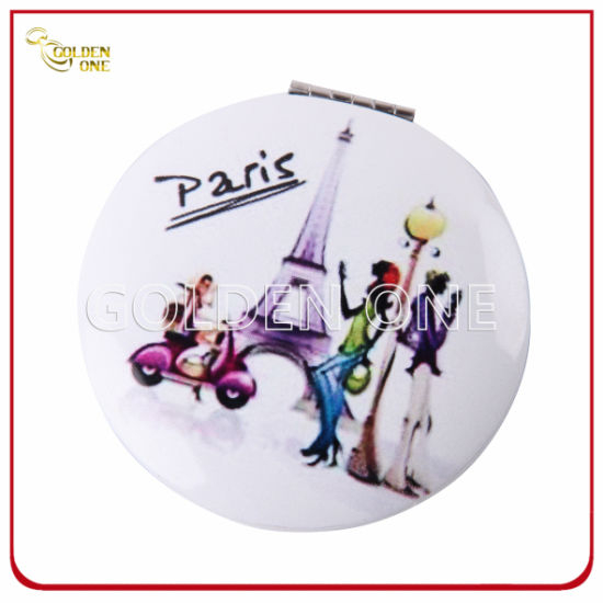 Hochwertiger, digital bedruckter runder Kompaktspiegel aus Metall in Vollfarbe