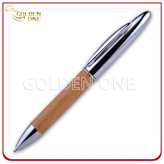 Werbekugelschreiber aus verchromtem Metall mit Rolle aus Holz