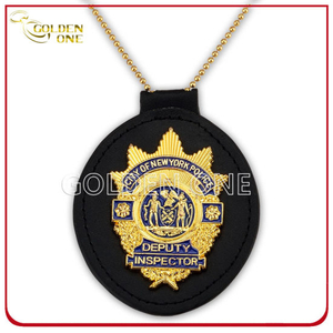 Kundenspezifisches Goldplattierungs-Metallpolizei-Sicherheits-Militärabzeichen mit Lederhalter