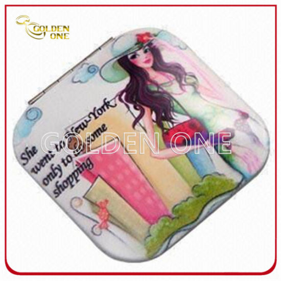 Hochwertiger, digital bedruckter runder Kompaktspiegel aus Metall in Vollfarbe